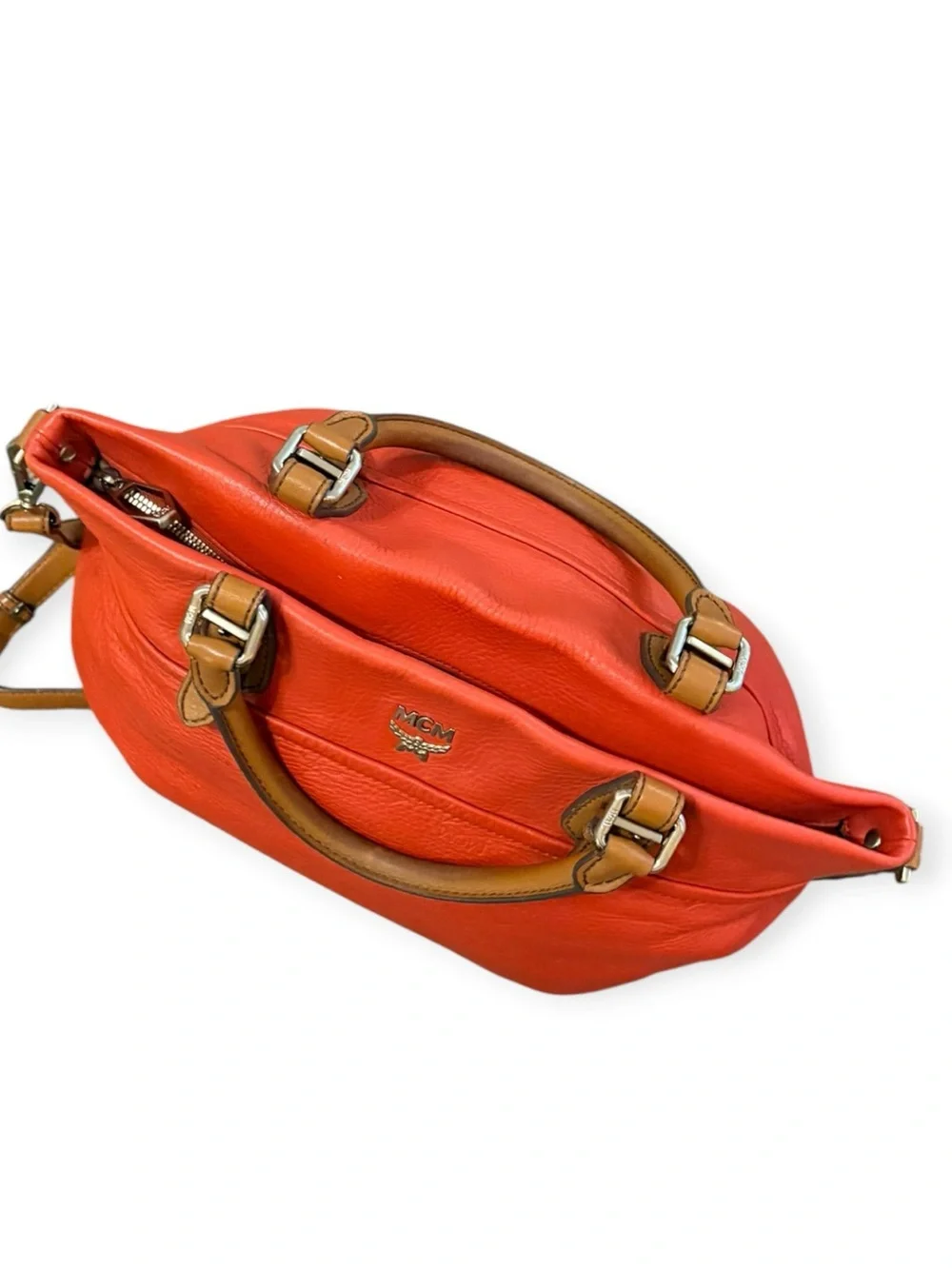 MCM Orange Embossed Leather Convertible Two-Way Handbag Shoulder Bag